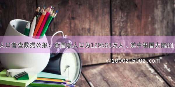 我国第五次人口普查数据公报：全国总人口为129533万人．其中祖国大陆31个省 自治区 