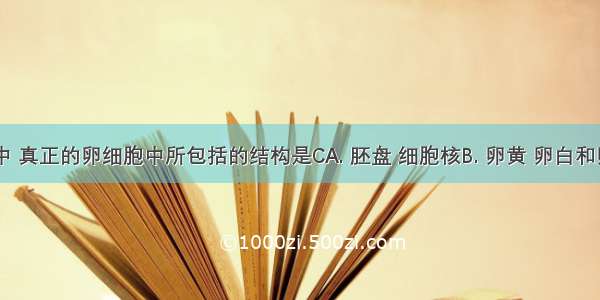 在鸡卵中 真正的卵细胞中所包括的结构是CA. 胚盘 细胞核B. 卵黄 卵白和卵壳膜C.