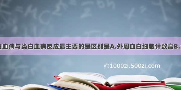 慢性粒细胞白血病与类白血病反应最主要的是区别是A.外周血白细胞计数高B.外周血可见中