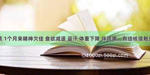 二岁女孩 1个月来精神欠佳 食欲减退 盗汗 体重下降 伴咳嗽。有结核接触史。半个