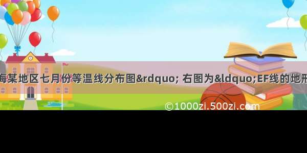 左图为“某大陆沿海某地区七月份等温线分布图” 右图为“EF线的地形剖面图”。读此两