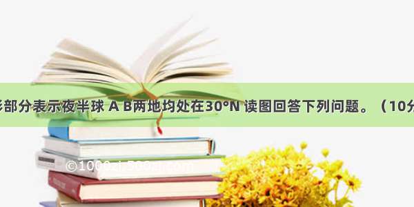 下图中阴影部分表示夜半球 A B两地均处在30°N 读图回答下列问题。（10分）(1)此时