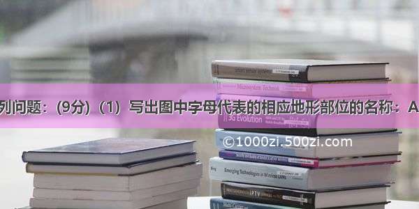 读图回答下列问题：(9分)（1）写出图中字母代表的相应地形部位的名称：A；山脊； C：